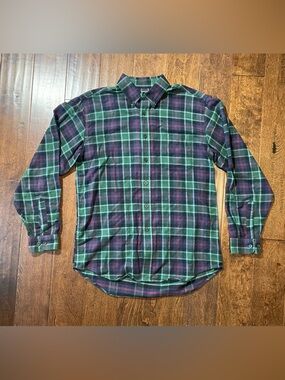 L.L. Bean Green Navy Mens Size M Regular Plaid Flannel Shirt 100% Cotton